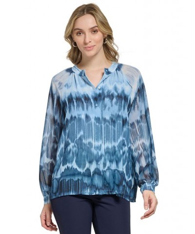 Women's Printed Band-Collar Blouson-Sleeve Shirt Dusk/Black $31.31 Tops