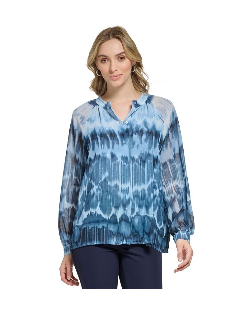 Women's Printed Band-Collar Blouson-Sleeve Shirt Dusk/Black $31.31 Tops