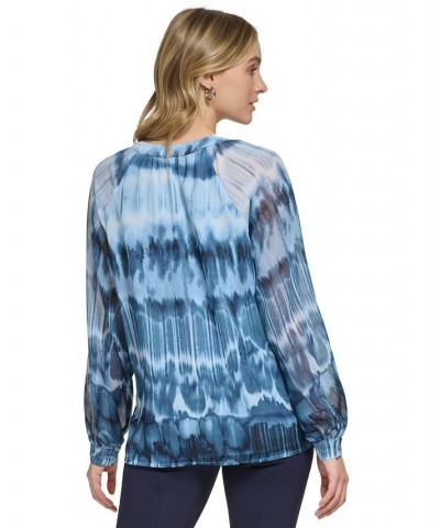 Women's Printed Band-Collar Blouson-Sleeve Shirt Dusk/Black $31.31 Tops