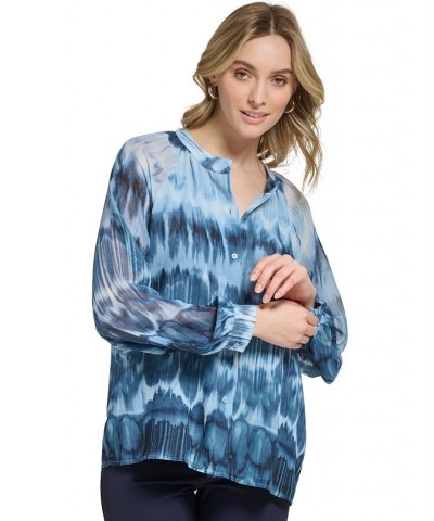 Women's Printed Band-Collar Blouson-Sleeve Shirt Dusk/Black $31.31 Tops