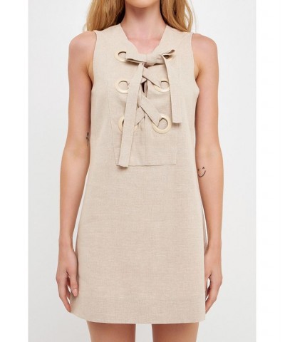 Women's Linen Lace Up Front Dress Tan $51.70 Dresses