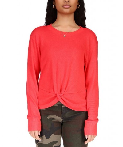 Women's Knotted-Front Long-Sleeve Knit Top Red $15.63 Tops