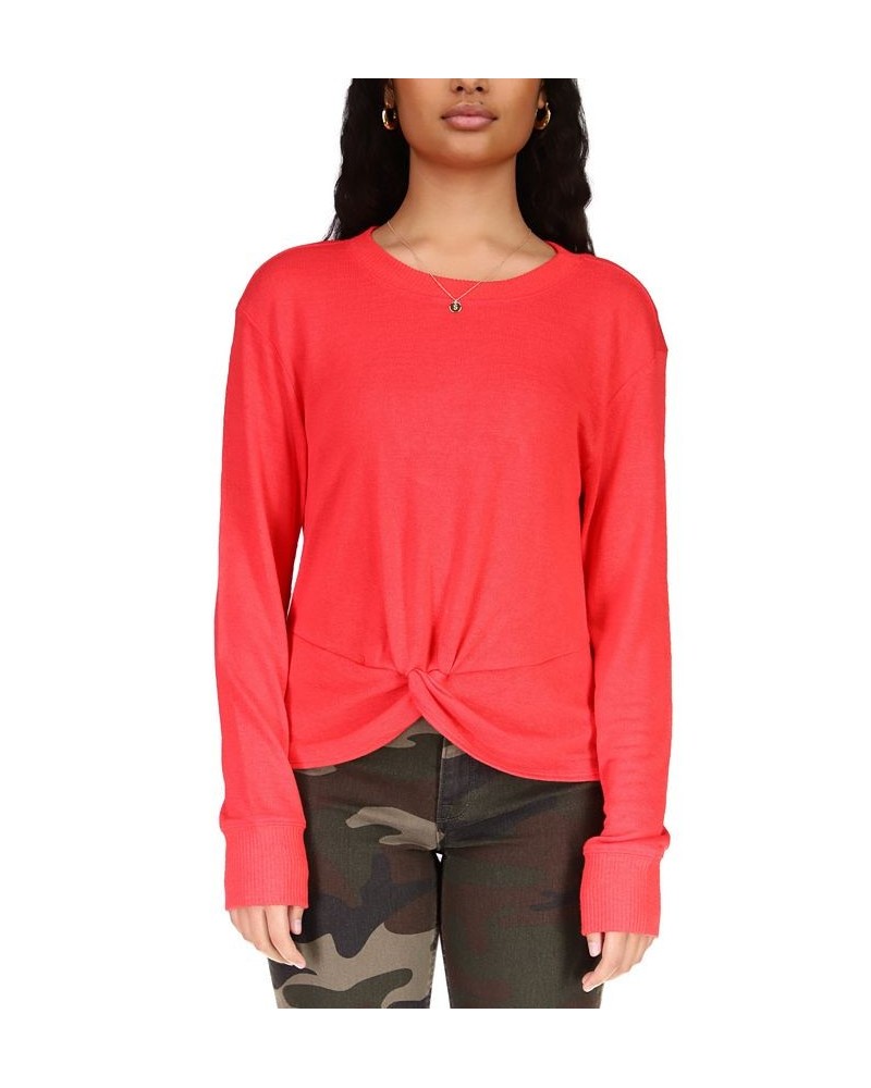 Women's Knotted-Front Long-Sleeve Knit Top Red $15.63 Tops