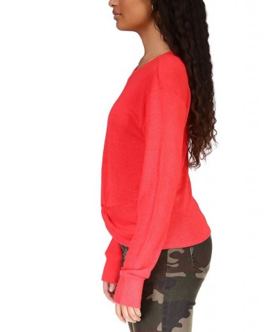 Women's Knotted-Front Long-Sleeve Knit Top Red $15.63 Tops