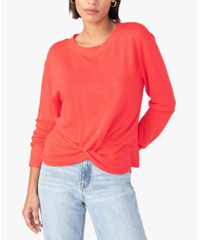 Women's Knotted-Front Long-Sleeve Knit Top Red $15.63 Tops