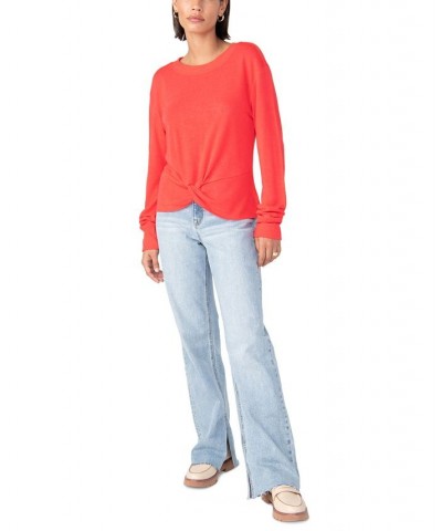 Women's Knotted-Front Long-Sleeve Knit Top Red $15.63 Tops