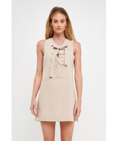 Women's Linen Lace Up Front Dress Tan $51.70 Dresses