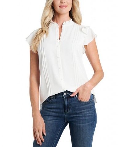 Women's Short Sleeve Pin-tuck Ruffled Button-up Blouse White $41.87 Tops