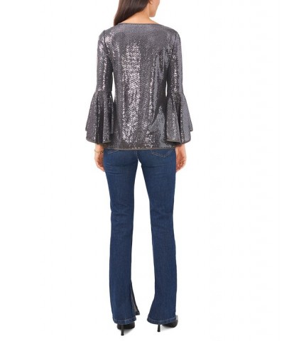 Metallic Knit Flutter Sleeve Top Silver $12.20 Tops