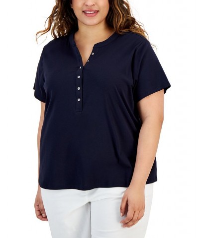 Plus Size Button-Front Top Blue $19.06 Tops