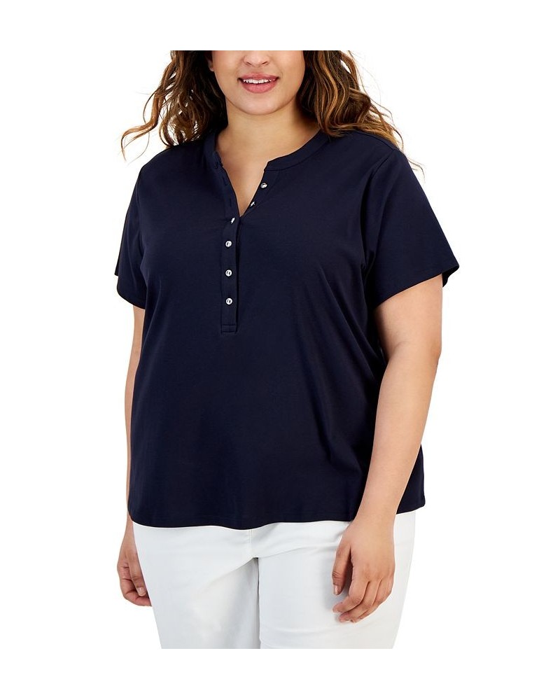 Plus Size Button-Front Top Blue $19.06 Tops