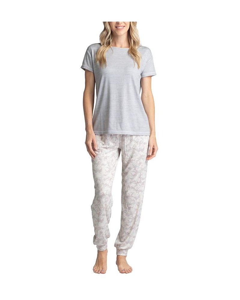 Women's Ribbed Crewneck & Printed Jogger Pajama Pants Set Gray Camo $29.58 Sleepwear