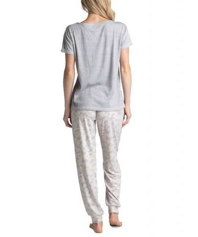 Women's Ribbed Crewneck & Printed Jogger Pajama Pants Set Gray Camo $29.58 Sleepwear