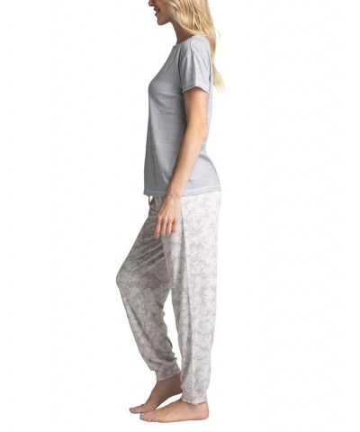 Women's Ribbed Crewneck & Printed Jogger Pajama Pants Set Gray Camo $29.58 Sleepwear