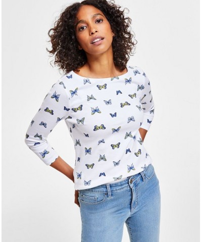 Petite 3/4-Sleeve Butterfly-Print Boat-Neck Top White $10.25 Tops