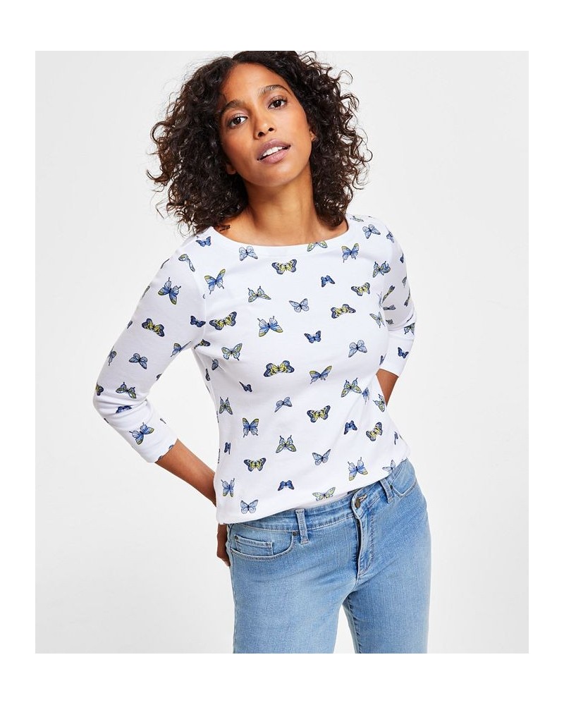 Petite 3/4-Sleeve Butterfly-Print Boat-Neck Top White $10.25 Tops