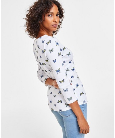 Petite 3/4-Sleeve Butterfly-Print Boat-Neck Top White $10.25 Tops