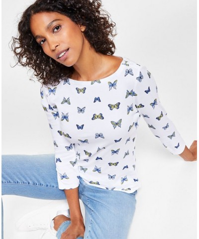 Petite 3/4-Sleeve Butterfly-Print Boat-Neck Top White $10.25 Tops