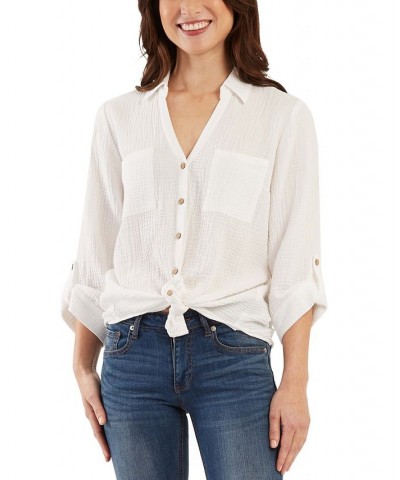 Juniors' Tie-Front Shirt Off White $21.56 Tops