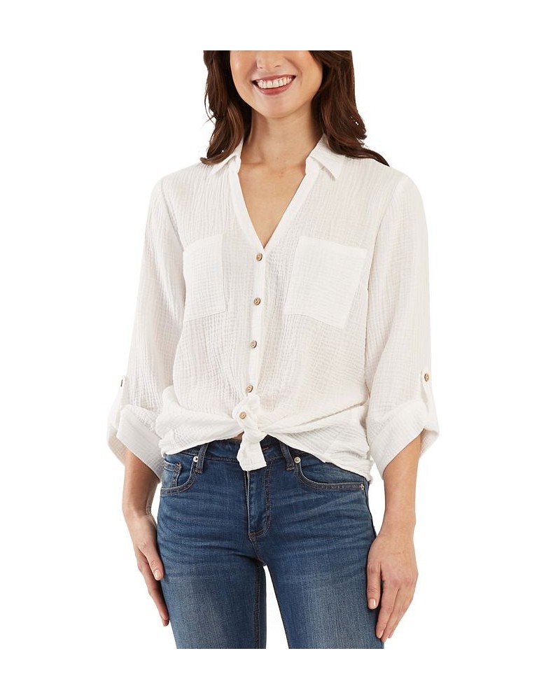 Juniors' Tie-Front Shirt Off White $21.56 Tops