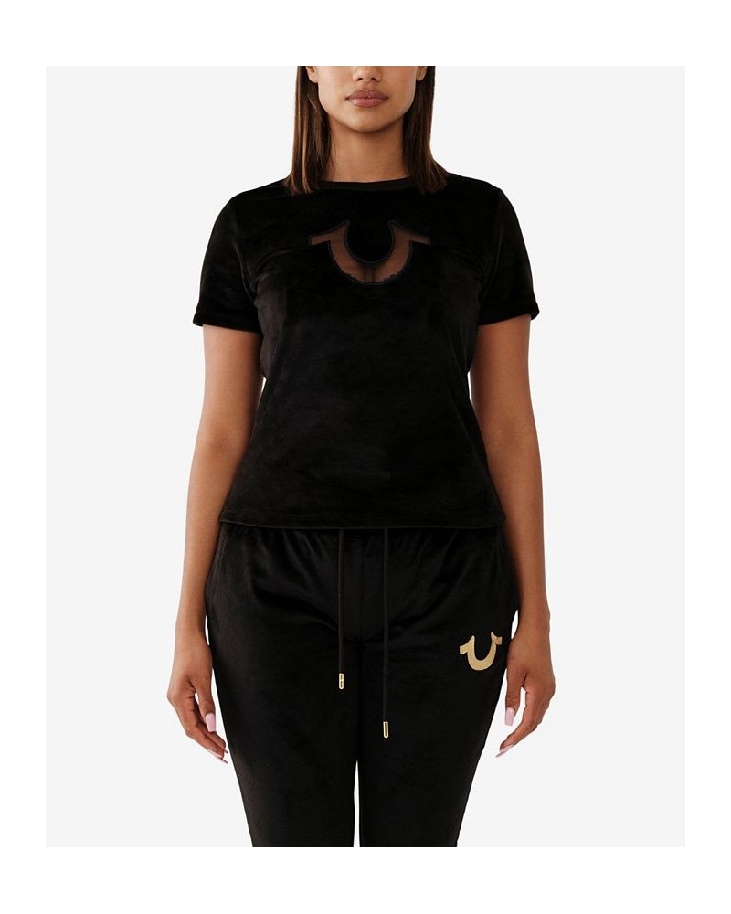 Women's Short Sleeve Velour Cut Out Logo T-shirt Jet Black $29.85 Tops