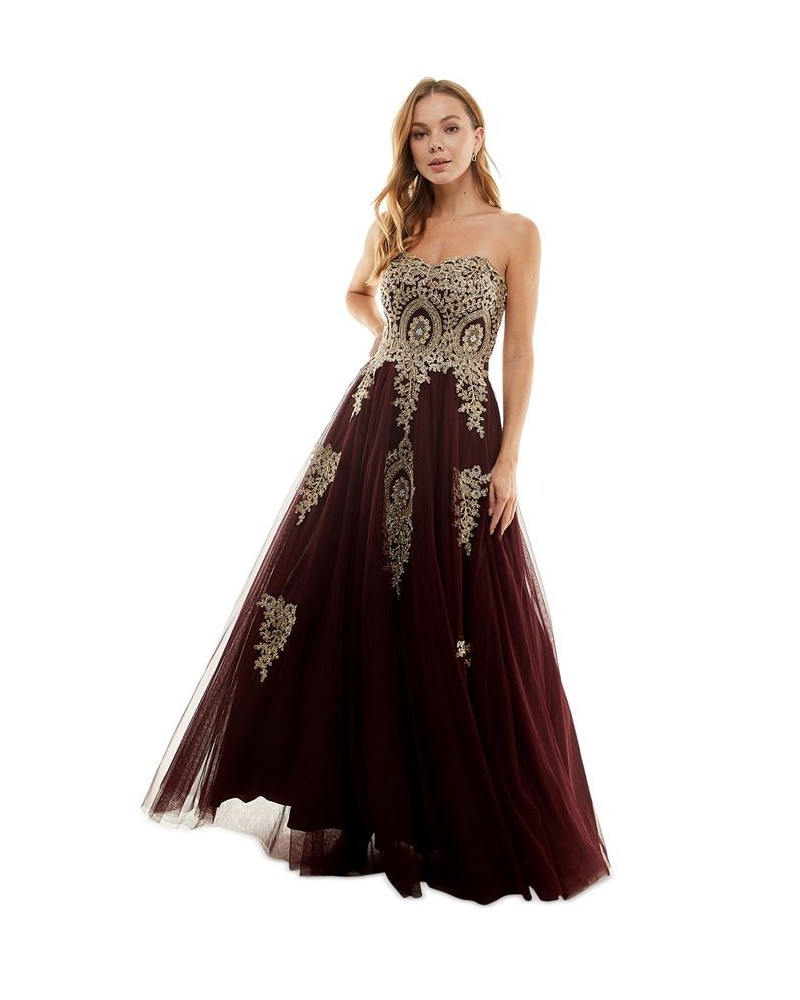 Juniors' Strapless Embellished Ballgown Red $81.51 Dresses