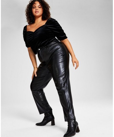 Trendy Plus Size Velvet Bodysuit & Faux-Leather Pants Black $17.11 Pants