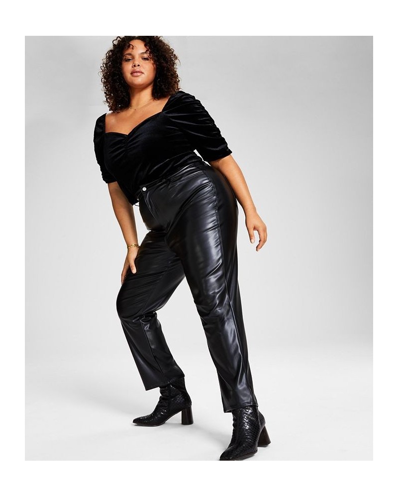 Trendy Plus Size Velvet Bodysuit & Faux-Leather Pants Black $17.11 Pants