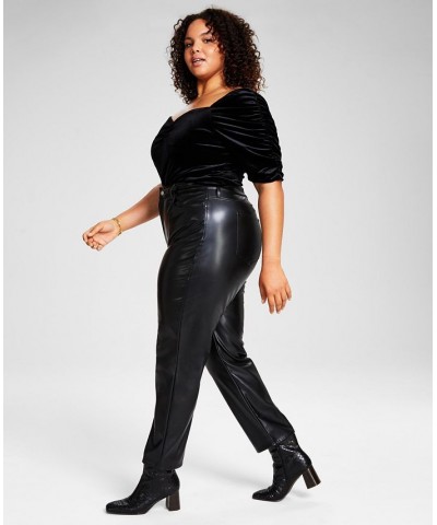 Trendy Plus Size Velvet Bodysuit & Faux-Leather Pants Black $17.11 Pants