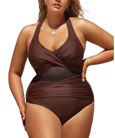 Women's Boho Rhapsody Mesh Cross Back Plus Size One Piece Swimsuit Brown $29.14 Swimsuits