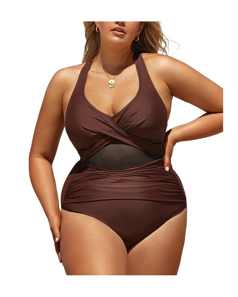 Women's Boho Rhapsody Mesh Cross Back Plus Size One Piece Swimsuit Brown $29.14 Swimsuits