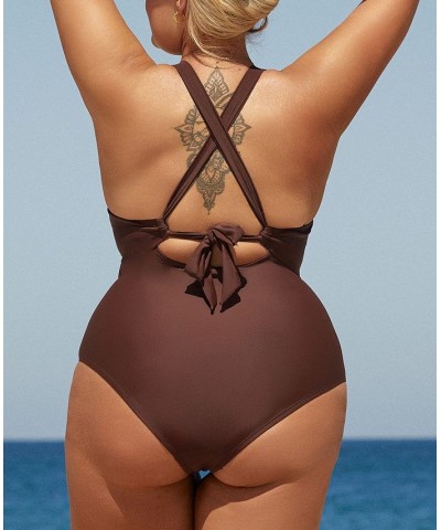 Women's Boho Rhapsody Mesh Cross Back Plus Size One Piece Swimsuit Brown $29.14 Swimsuits