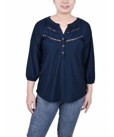 Petite 3/4 Sleeve Swiss Dot Henley Top Blue $21.60 Tops