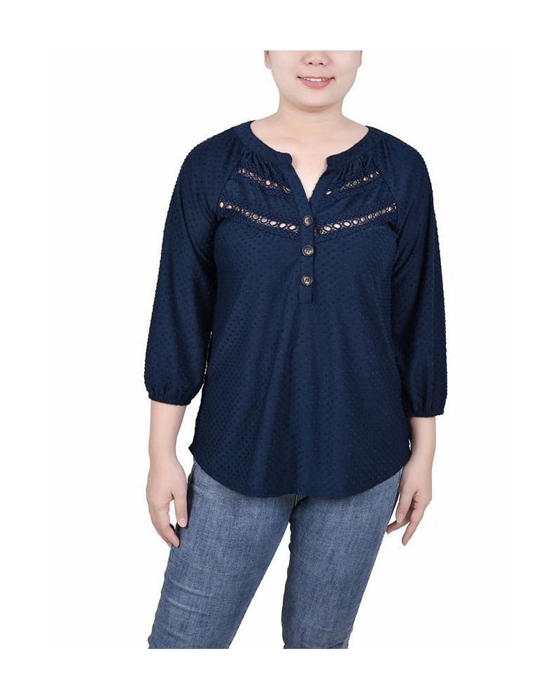 Petite 3/4 Sleeve Swiss Dot Henley Top Blue $21.60 Tops