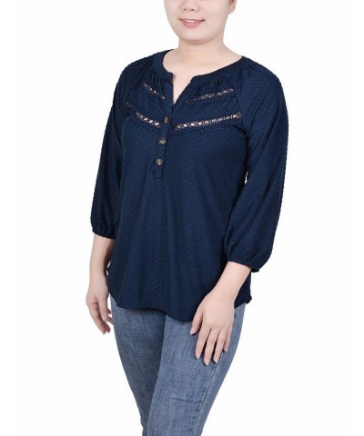 Petite 3/4 Sleeve Swiss Dot Henley Top Blue $21.60 Tops