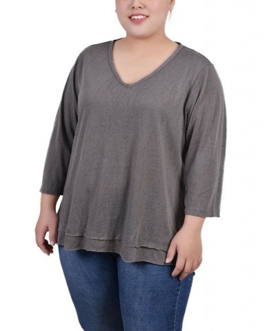 Plus Size 3/4 Sleeve V-Neck Tunic Gray $14.60 Tops