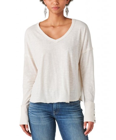 Women's Cotton Long-Sleeve V-Neck Top Tan/Beige $33.39 Tops