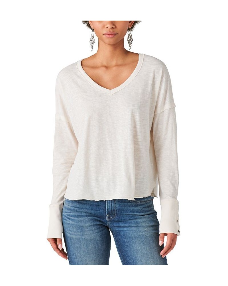 Women's Cotton Long-Sleeve V-Neck Top Tan/Beige $33.39 Tops