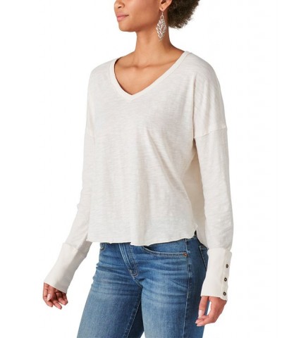 Women's Cotton Long-Sleeve V-Neck Top Tan/Beige $33.39 Tops