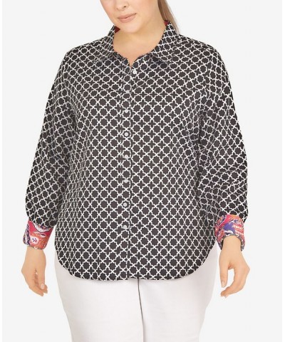 Plus Size Wrinkle Resistant Printed Button Down Black/White Multi $37.44 Tops