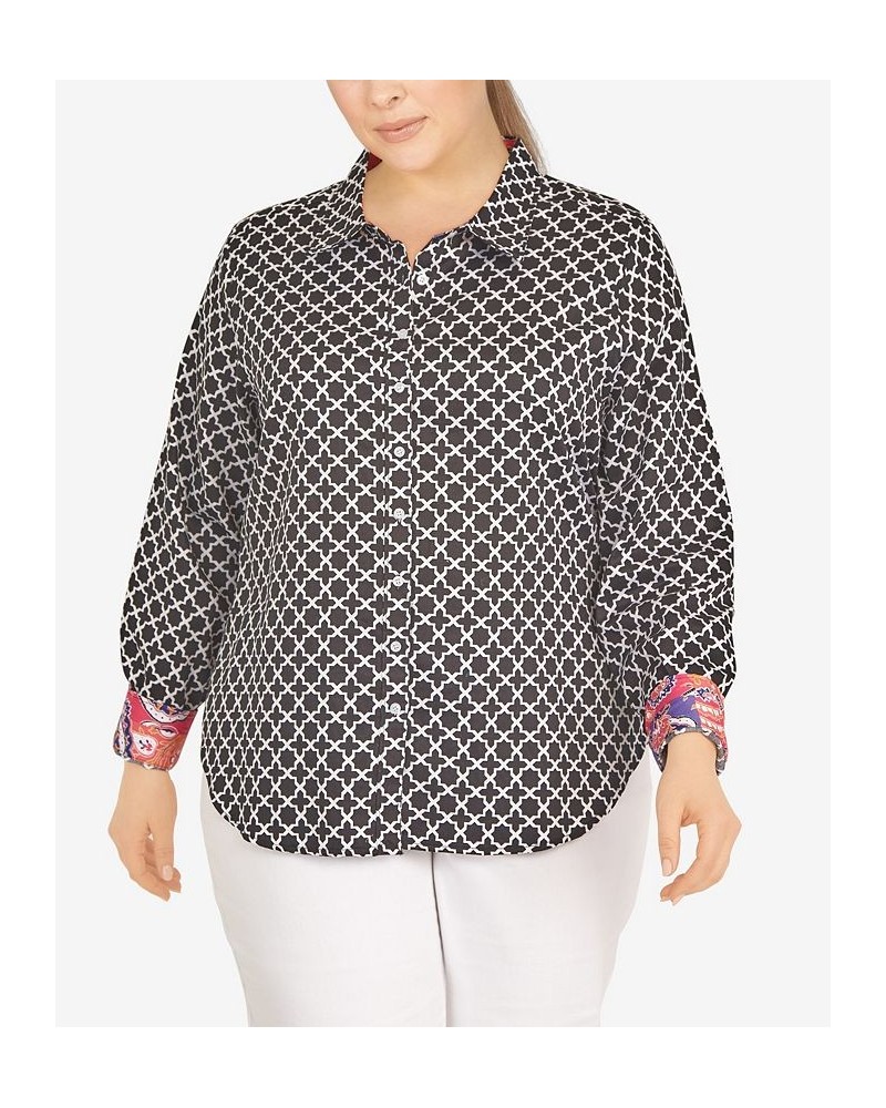 Plus Size Wrinkle Resistant Printed Button Down Black/White Multi $37.44 Tops