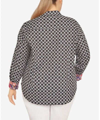 Plus Size Wrinkle Resistant Printed Button Down Black/White Multi $37.44 Tops