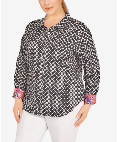 Plus Size Wrinkle Resistant Printed Button Down Black/White Multi $37.44 Tops