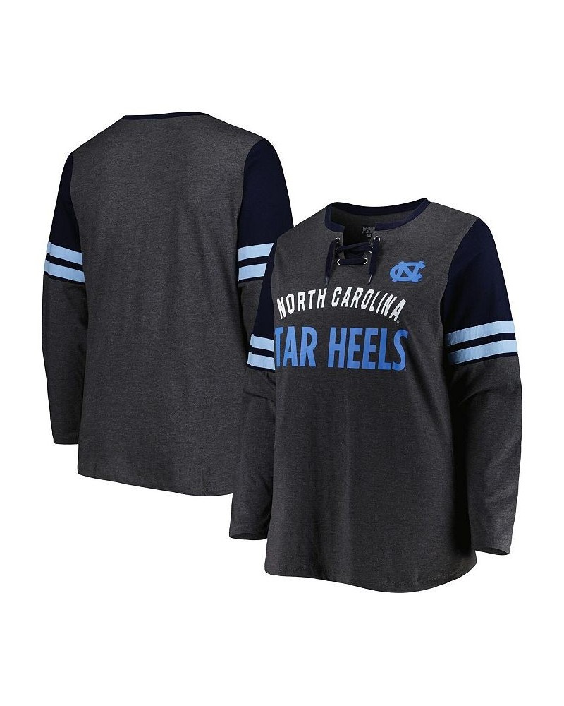 Women's North Carolina Tar Heels Plus Size Stripe Lace-Up V-Neck Long Sleeve T-shirt Heather Charcoal, Navy $35.39 Tops