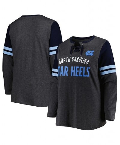 Women's North Carolina Tar Heels Plus Size Stripe Lace-Up V-Neck Long Sleeve T-shirt Heather Charcoal, Navy $35.39 Tops