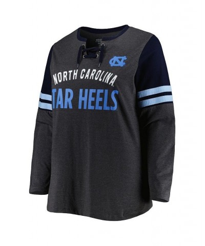 Women's North Carolina Tar Heels Plus Size Stripe Lace-Up V-Neck Long Sleeve T-shirt Heather Charcoal, Navy $35.39 Tops