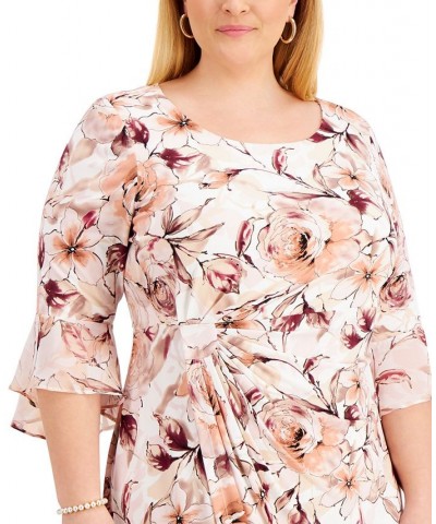 Plus Size Gathered-Waist 3/4-Sleeve Sheath Dress Cream/Pink $26.45 Dresses