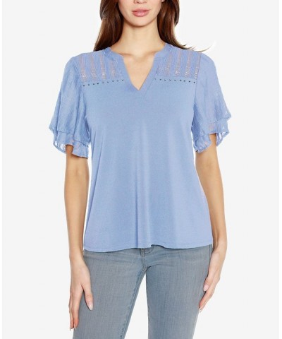 Black Label Petite Split Neck Mixed Media Top Blue $43.35 Tops