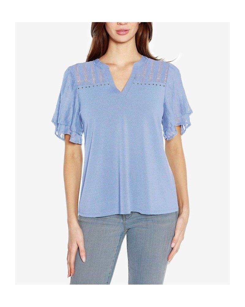 Black Label Petite Split Neck Mixed Media Top Blue $43.35 Tops