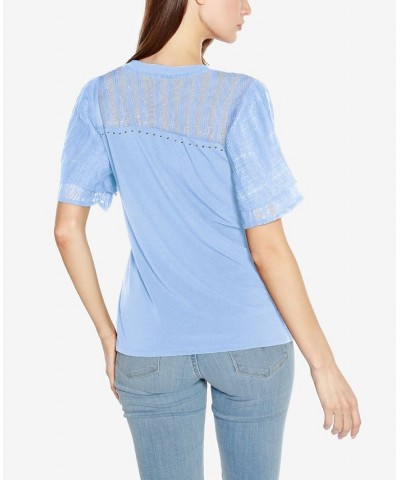 Black Label Petite Split Neck Mixed Media Top Blue $43.35 Tops